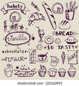 set of hand drawn confectionery and bakery doodles