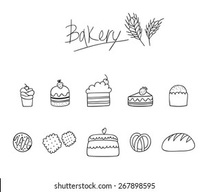 set of hand drawn confectionery and bakery doodles