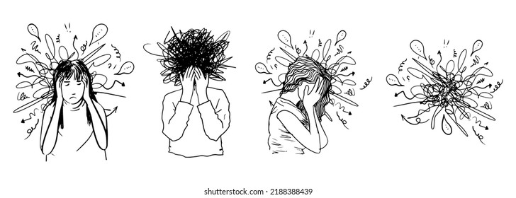 set of hand drawn confusion concept. Girl with anxiety touch head surrounded by think Mental disorder and chaos in consciousness, finding answers. vector illustration. - Shutterstock ID 2188388439