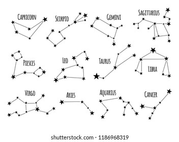 Set of hand drawn constellations. Vector zodiac signs.
