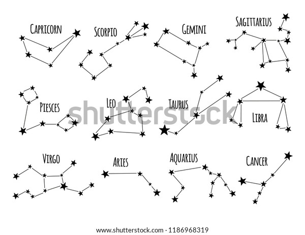 Set of\
hand drawn constellations. Vector zodiac\
signs.