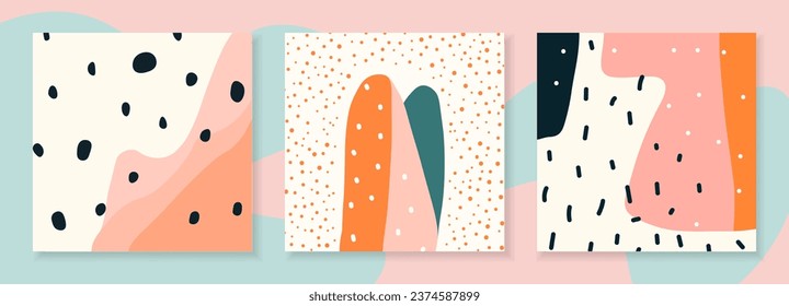 Establezca los antecedentes de doodles abstractos de arte contemporáneo dibujados a mano. Plantillas cuadradas elegantes para publicaciones en medios sociales. Colección de banderas lindas con garabatos y varias formas