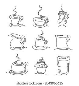 Set hand drawn continuous line of cup of coffe, tea, cake isolated on white background. Vector line art illustration. Design for card, banner, poster, flyer