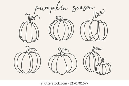 Set of hand drawn continuous line pumpkin icon. Monoline pumpkin sketch for decorations, logo, print, greeting card, Thanksgiving or Halloween concept. Modern minimal vector illustration.
