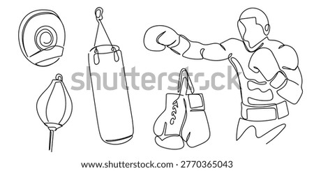 A set of hand drawn continuous line drawing elements for boxing, including boxers, boxing targets, boxing bags, and boxing gloves.