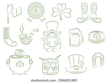 Set of hand drawn continuous lines of traditional st. patrick's day elements, leprechaun, coins, clover, horseshoe, hat, clogs. Vector illustration on white background.