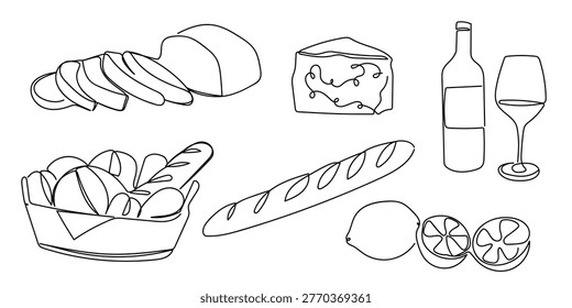 Set of hand drawn continuous one line elements for food related to bread bread basket, sliced ​​bread, long bread, wine glass and bottle, cheese, lemon.