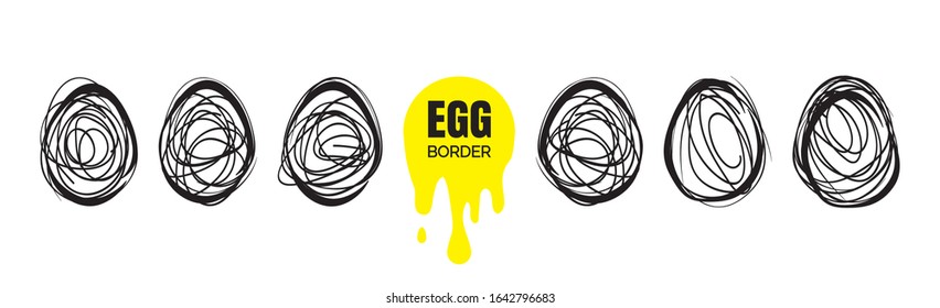 Set Of Hand Drawn Continuous Thin Line Egg Borders. Minimalist Lined Borders Collection In Egg Shape. Sketch Doodle Frames Vector Illustration