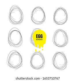 Set of hand drawn continuous thin line egg borders. Minimalist lined borders collection in egg shape. Sketch doodle frames vector illustration
