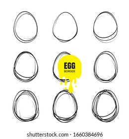 Set of hand drawn continuous thin line egg borders. Minimalist lined borders collection in egg shape. Sketch doodle frames vector illustration