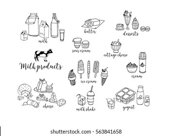 Set of hand drawn contour dairy products. Cheese, milk shake, butter, yogurt, cottage cheese, sour cream, desserts, cow. Vector illustration on white background.