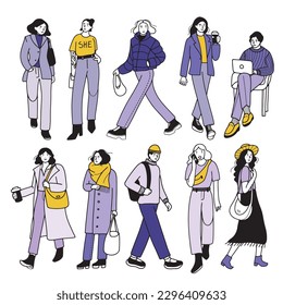 Set with hand drawn contour line doodle people in casual clothes, walking, working. Modern city citizens. Isolated vector illustration