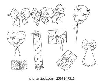 Set of hand drawn contour line bows, gift boxes, and balloons in black and white doodle style, perfect for birthday or festive designs. Vector outline drawings for coloring pages on white background