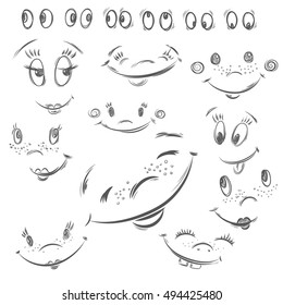 Set of hand drawn contour smile. Smiling sketches isolated on white background. 