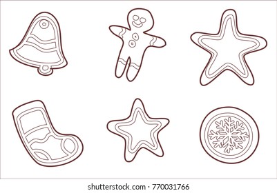 Set of hand drawn contours of the Christmas cookie - snowflake, sock, star, gingerbread man, bell