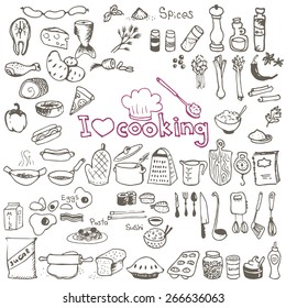 set of hand drawn cooking doodles on white background