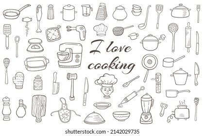 Set of hand drawn cooking and tableware doodles on a white background. Vector illustration