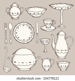 Set of hand drawn cookware, hand drawing sketch, vector illustration.
