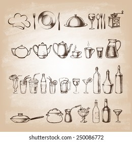 Set of hand drawn cookware . Kitchen background. Doodle kitchen equipments. Food and Drink. Silhouettes of kitchen utensils. Vintage style. Vector illustration. 