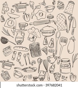 Set of hand drawn cookware. Kitchen background. Doodle kitchen equipments. Vector illustration.