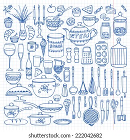 Set of hand drawn cookware on the lined paper. Kitchen background. Doodle kitchen equipments. Vector illustration.