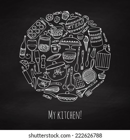 Set of hand drawn cookware on the chalkboard. Chalk kitchen background. Doodle kitchen equipments. Vector illustration.