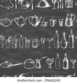 Set of hand drawn cookware on the blackboard. Kitchen background. Doodle kitchen equipments. Food and Drink. Silhouettes of kitchen utensils. Seamless background.  Vintage style. Vector illustration.