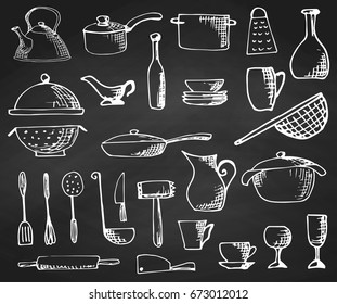 Set of hand drawn cookware on the chalkboard.  Vector illustration.