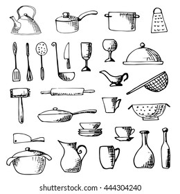 Set of hand drawn cookware.  Vector illustration.