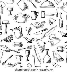 Set of hand drawn cookware. Vector illustration. Seamless pattern