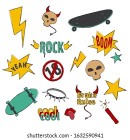 Set of hand drawn cool doodle elements vector illustration. Graphic cartoon skull, skateboard and lightning colored collection isolated on white background. Stylish hipster bundle