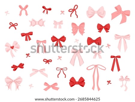 Set of hand drawn coquette bow. Collection of satin ribbon accessories. Cute pink and red vintage girly hair decoration elements. Trendy Christmas, Valentines Day, birthday icons. Vector illustration.