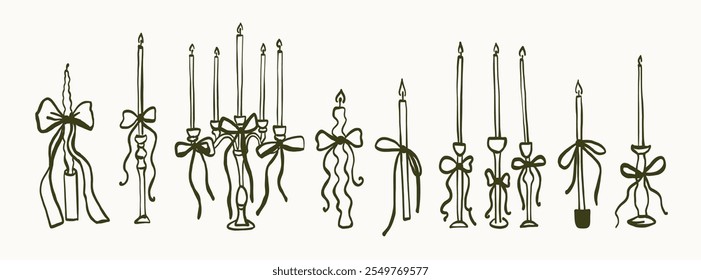 Set of hand drawn coquette candles. Line art doodle sketch of candle with bow. Christmas, birthday, wedding candle line art. Vector outline illustration