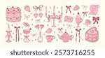 Set of hand drawn coquette elements for Valentines day, wedding invitation, birthday card. Cute girly bows, hearts, ribbons, cherry, cake, heart frame, strawberry. Vintage elegant vector illustration.