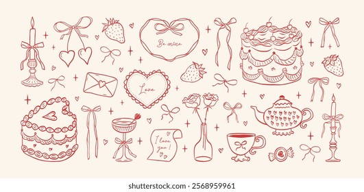 Set of hand drawn coquette elements for Valentines day, wedding invitation, birthday card. Cute girly bows, hearts, ribbons, cherry, cake, heart frame, strawberry. Vintage elegant vector illustration.