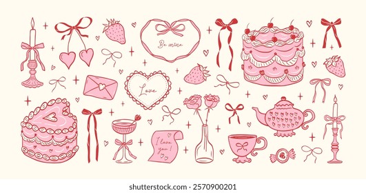 Set of hand drawn coquette elements for Valentines day, wedding invitation, birthday card. Cute girly bows, hearts, ribbons, cherry, cake, heart frame, strawberry. Vintage elegant vector illustration.