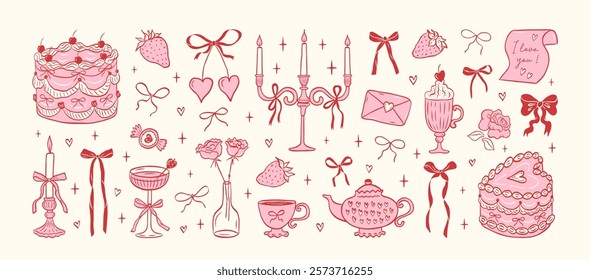 Set of hand drawn coquette elements for Valentines day, wedding invitation, birthday card. Cute girly bows, hearts, ribbons, cherry, cake, heart frame, strawberry. Vintage elegant vector illustration.