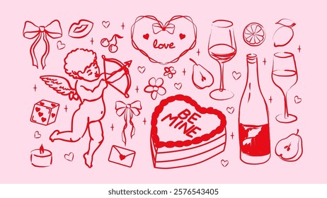 Set of hand drawn coquette elements for Valentines day, wedding invitation, birthday card with Cute girly coquette bows, cherry, cake, wine, Cupid angel and heart frame.
Hand drawn line art vector