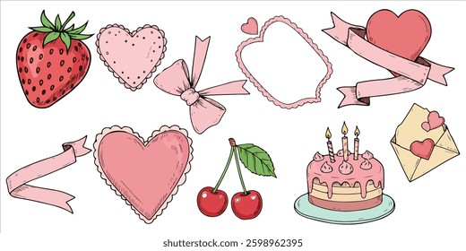 Set of hand drawn coquette elements for Valentines day a charming collection of hand drawn coquette elements, perfect for Valentine’s Day, wedding invitations, or birthday cards. 