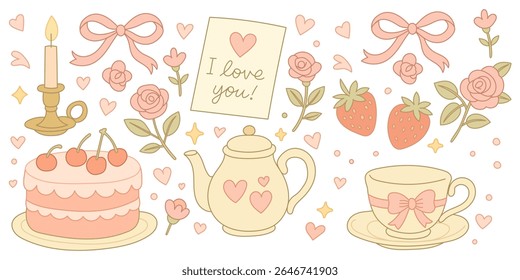 Set of hand drawn coquette elements for Valentines day. Collection of hand-drawn, romantic illustrations in soft pink tones. It includes various elements commonly associated with love and affection.