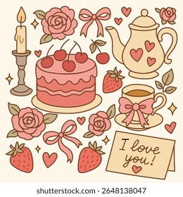 Set of hand drawn coquette elements for Valentines day. Collection of hand-drawn, romantic illustrations in soft pink tones. It includes various elements commonly associated with love and affection.