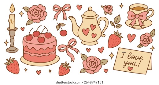 Conjunto de elementos de coquette desenhados à mão para o dia dos Namorados. Coleção de ilustrações românticas desenhadas à mão em tons suaves de rosa. Inclui vários elementos comumente associados com amor e afeto.