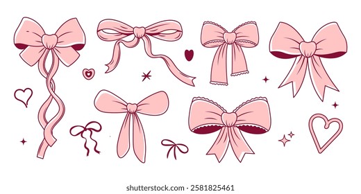 Set hand drawn coquette pink bow, ribbon, heart. Cute girly design for Valentines day, wedding, birthday, party, branding. Vintage vector illustration on transparent background