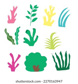 Set of hand drawn coral and leaf ocean life doodles object design.