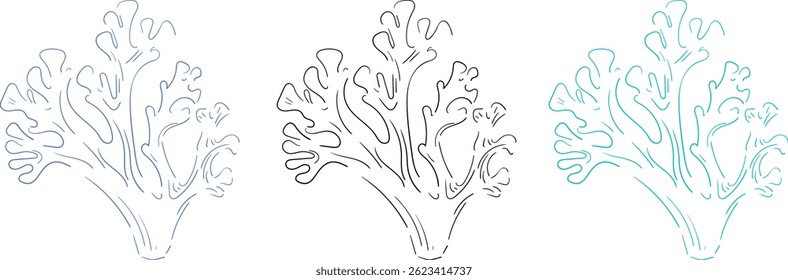 Set of hand drawn coral in three color variations. Minimalist line art. Design elements. Vector flat illustration