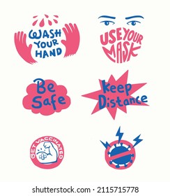 Set Of Hand Drawn Coronavirus COVID-19 Prevention And Wash Your Hands Stickers