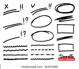 Set of hand drawn correction elements. Underlines, rectangles, squares and ovals, question and exclamation marks and highlighting elements. Doodle Vector illustration.