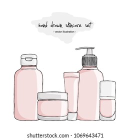 Set of hand drawn cosmetic bottles and packaging for skin care. Containers and tubes for cream, tooth paste, serum, nail polish, dropper bottle for medical or cosmetic fluid, serum, drops, oil.Vector.