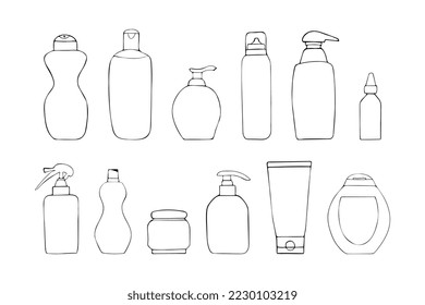 Set of hand drawn cosmetic bottles. Doodle clipart include containers for Cream, Lotion, Shampoo, Spray and Soap, Foam for design. Isolated on white background.