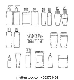 Set of hand drawn of cosmetics for skin care. Doodles of cosmetic bottles and package. Bottles for shampoo, creams, tonic. Vector.